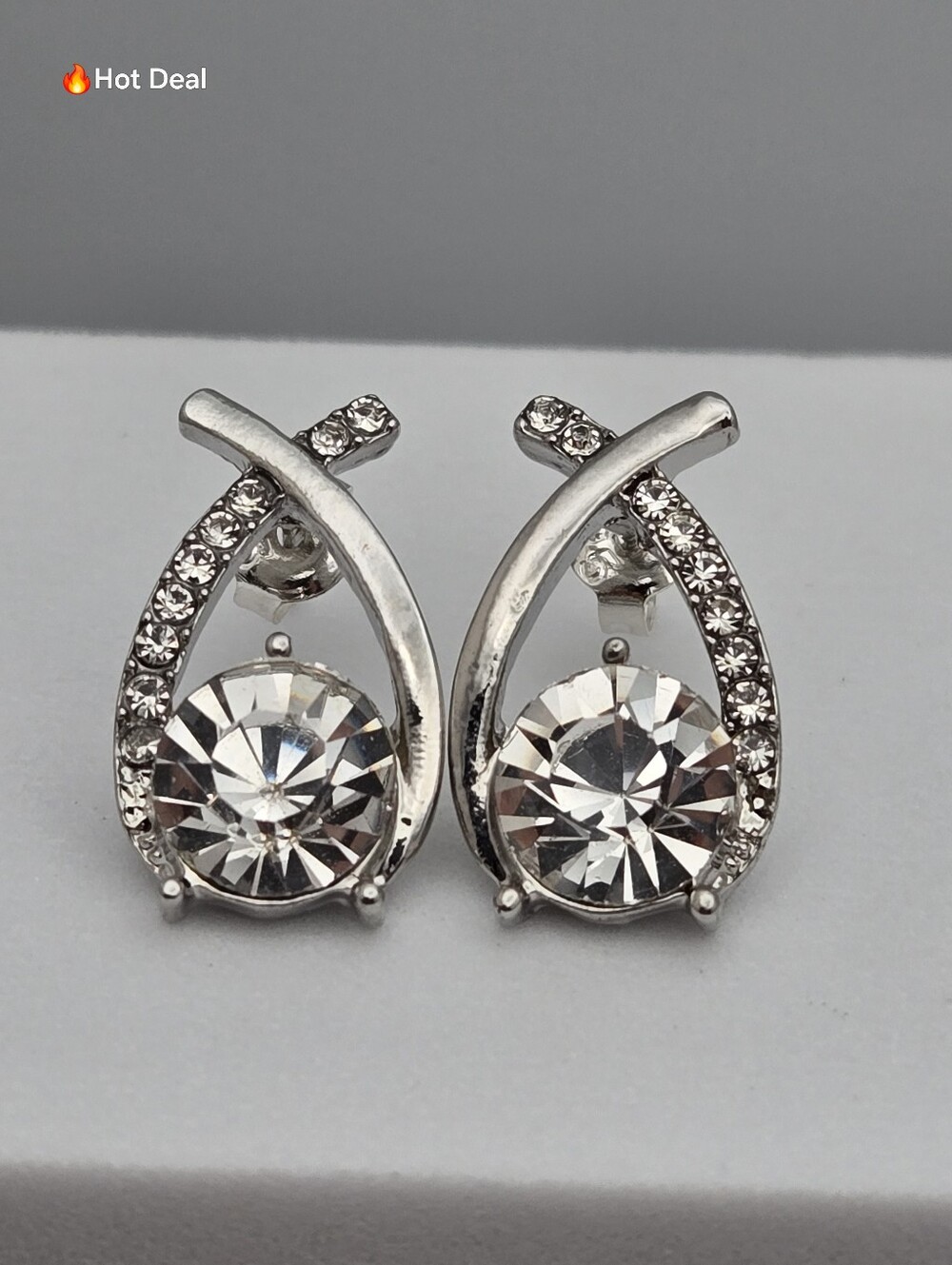 Sterling Silver Crisscross Stud Earrings Pavé Crystal Round Center Teardrop 3/4"